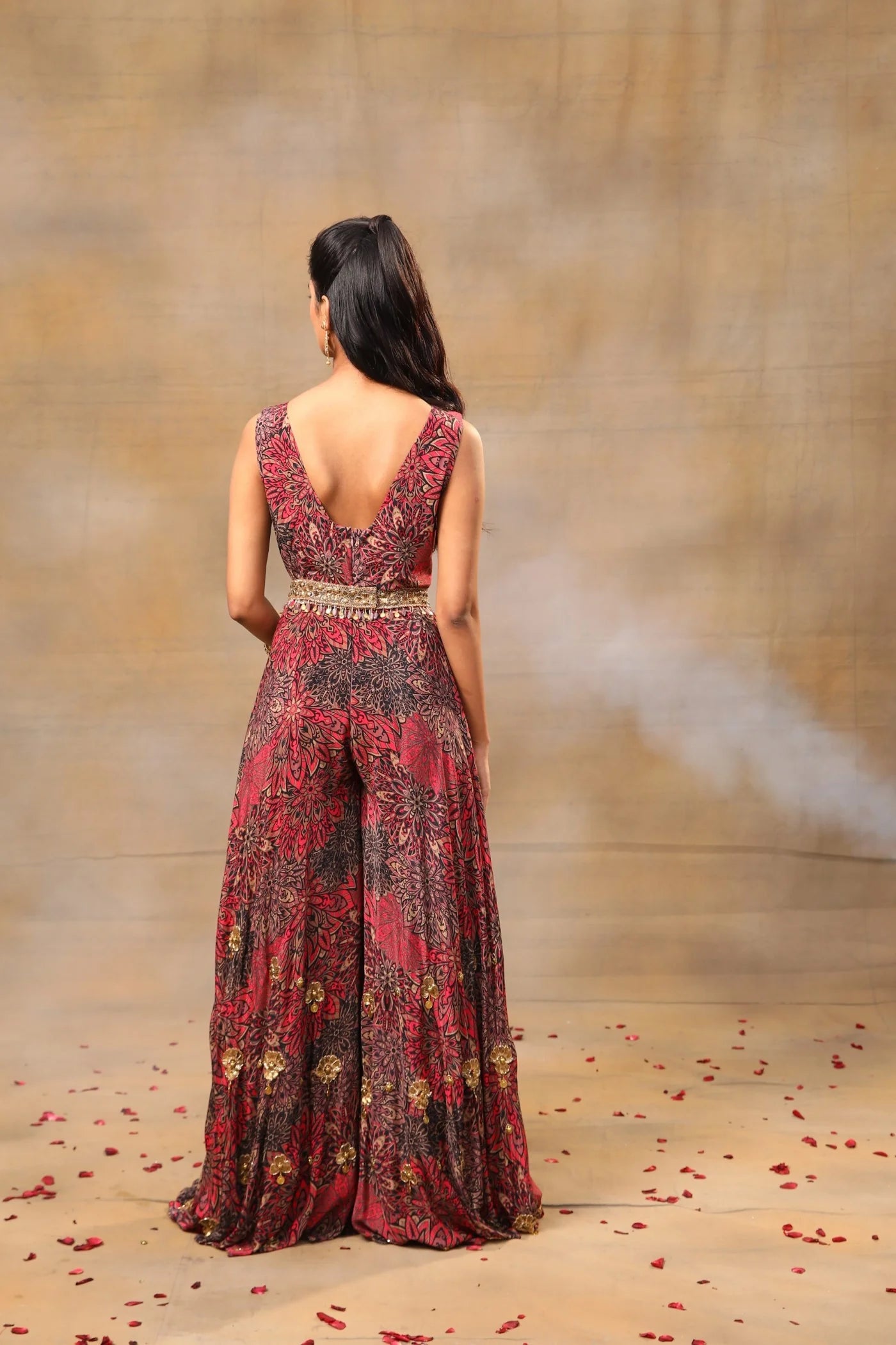Mehak Murpana Pink Printed Jumpsuit And Belt With Embroidery