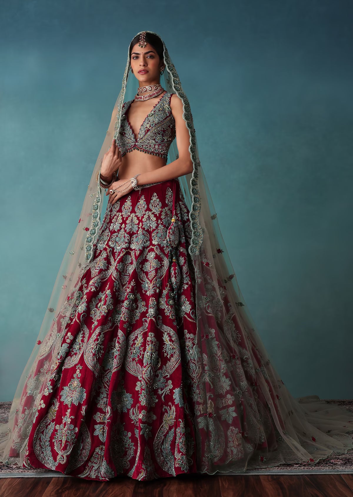 Kalki Fashion Deep Red Hand Embroidered Bridal Lehenga And