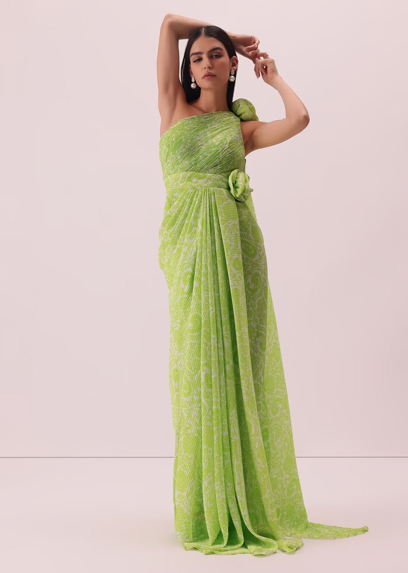 Citrus Green One Shoulder Floral Printed Gown In Georgette With Attached Drape