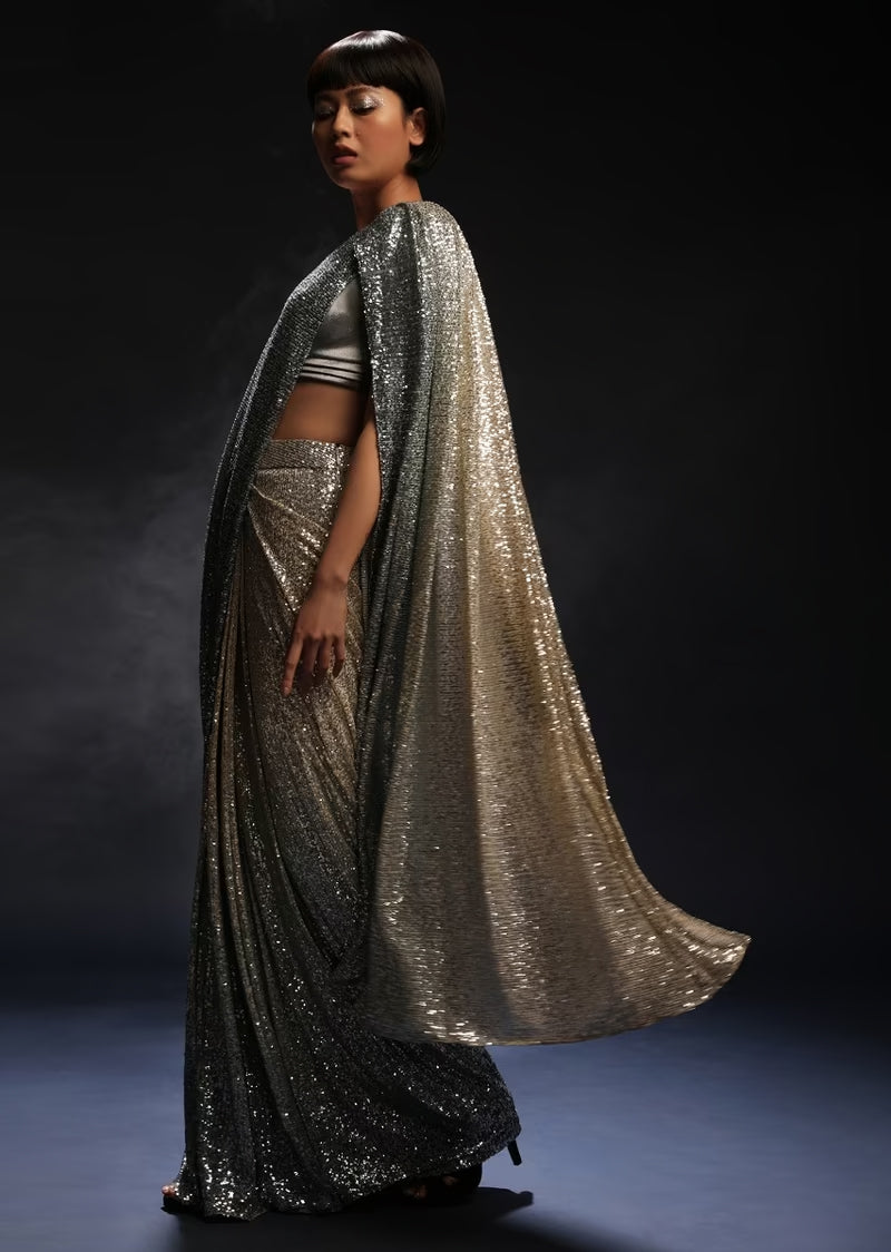 Buy Fog Grey Ready-To-Wear Sequins Saree With Lycra Blouse And Embroidered  Belt KALKI Fashion India