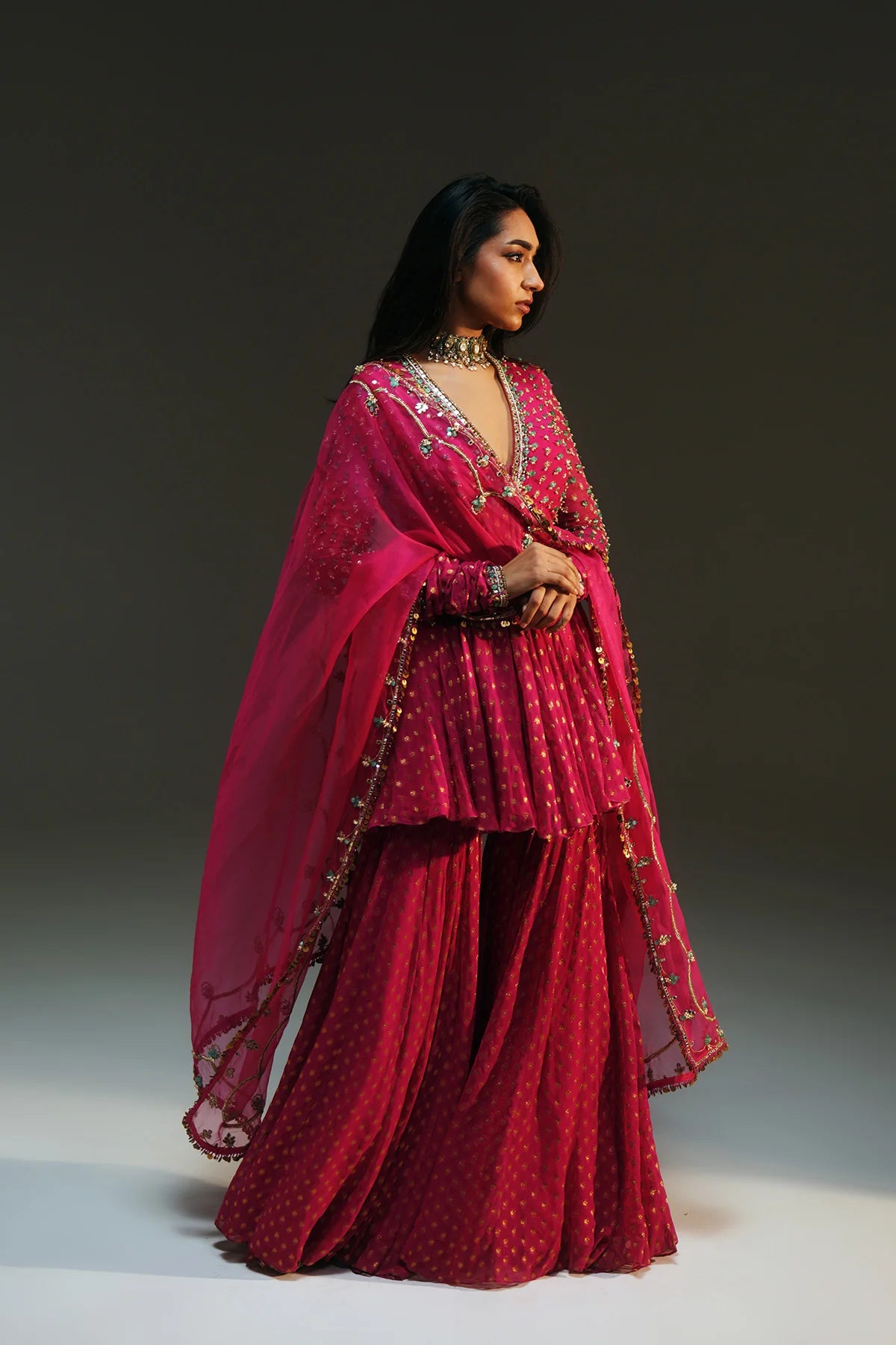 Lilly Rani NIDHI - Hand Embroidered Rani Pink Short Kurta And Sharara - Lilly's ...