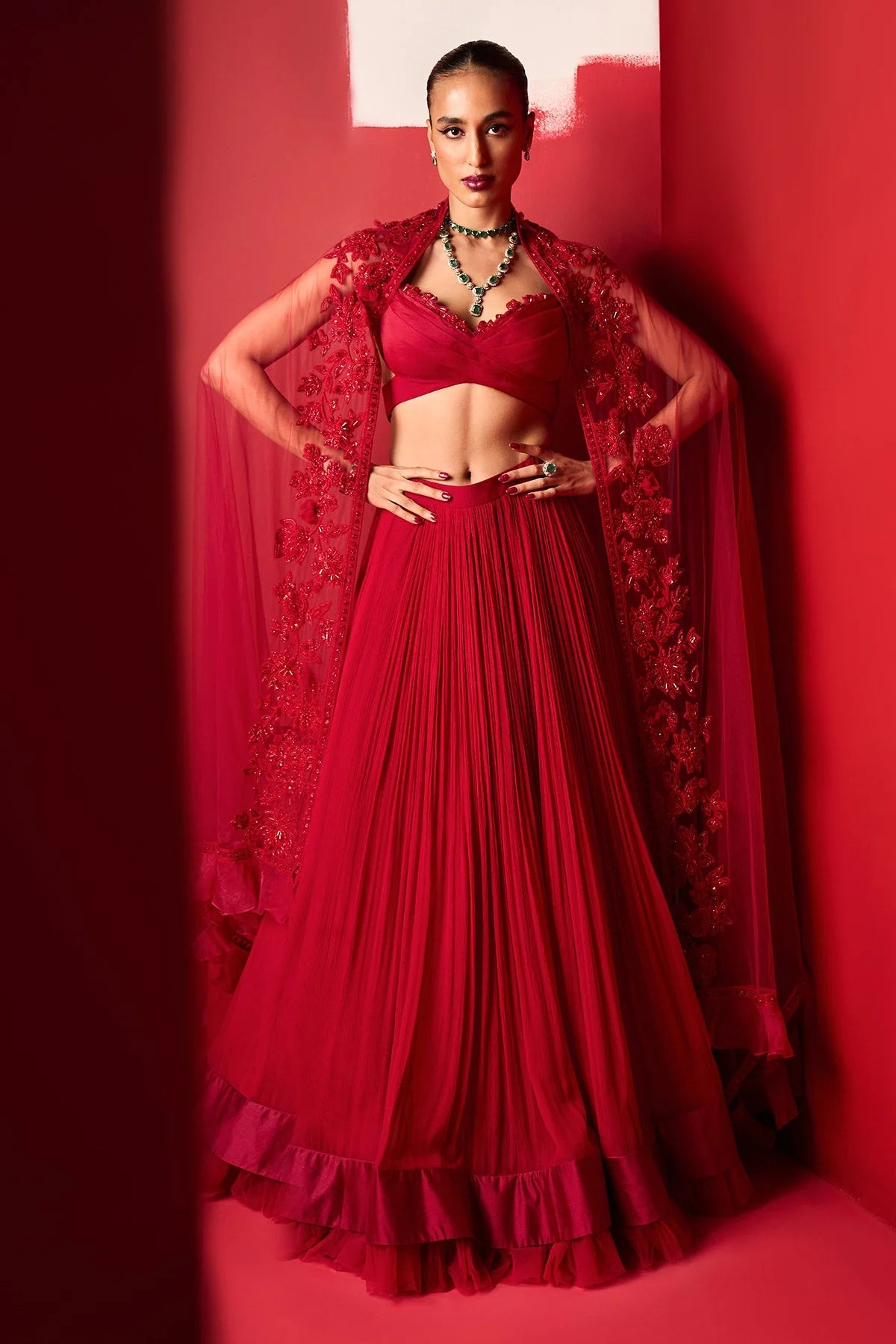QAIFA Red Net Monotone Embroidered Organza Draped Skirt