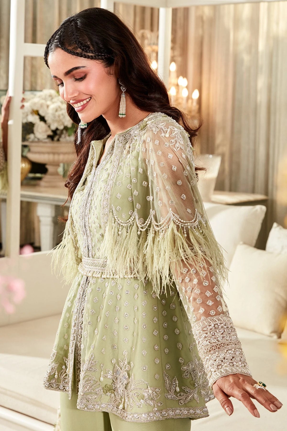 AZALEA - Embroidered Net Cape Peplum and Georgette Pants
