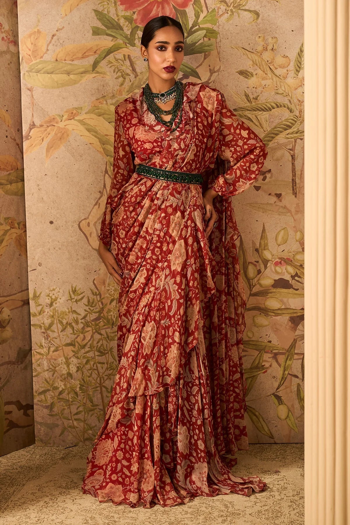 REGAL Red Printed Chiffon Overlap Jacket Saree Set