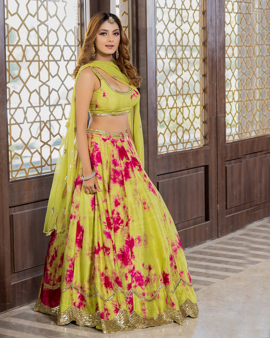 Sonali Bansal - Rani - Green Tie And Dye Hand Embroidered Lehenga Set ...