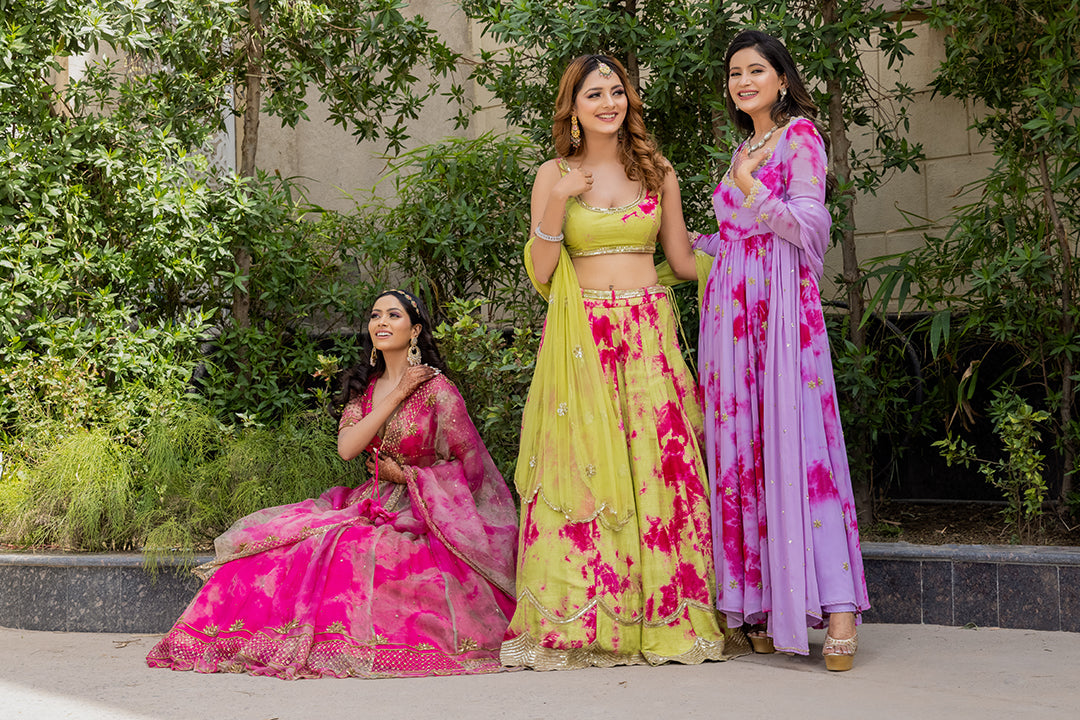 Sonali Bansal - Rani - Green Tie And Dye Hand Embroidered Lehenga Set ...
