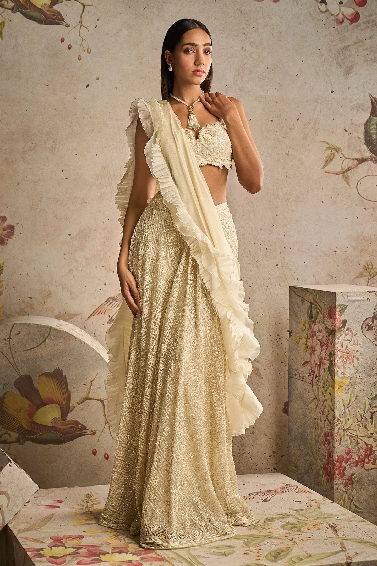 FINESSE Ivory Net Embroidered Blouse and Heavy Embroidered Skirt