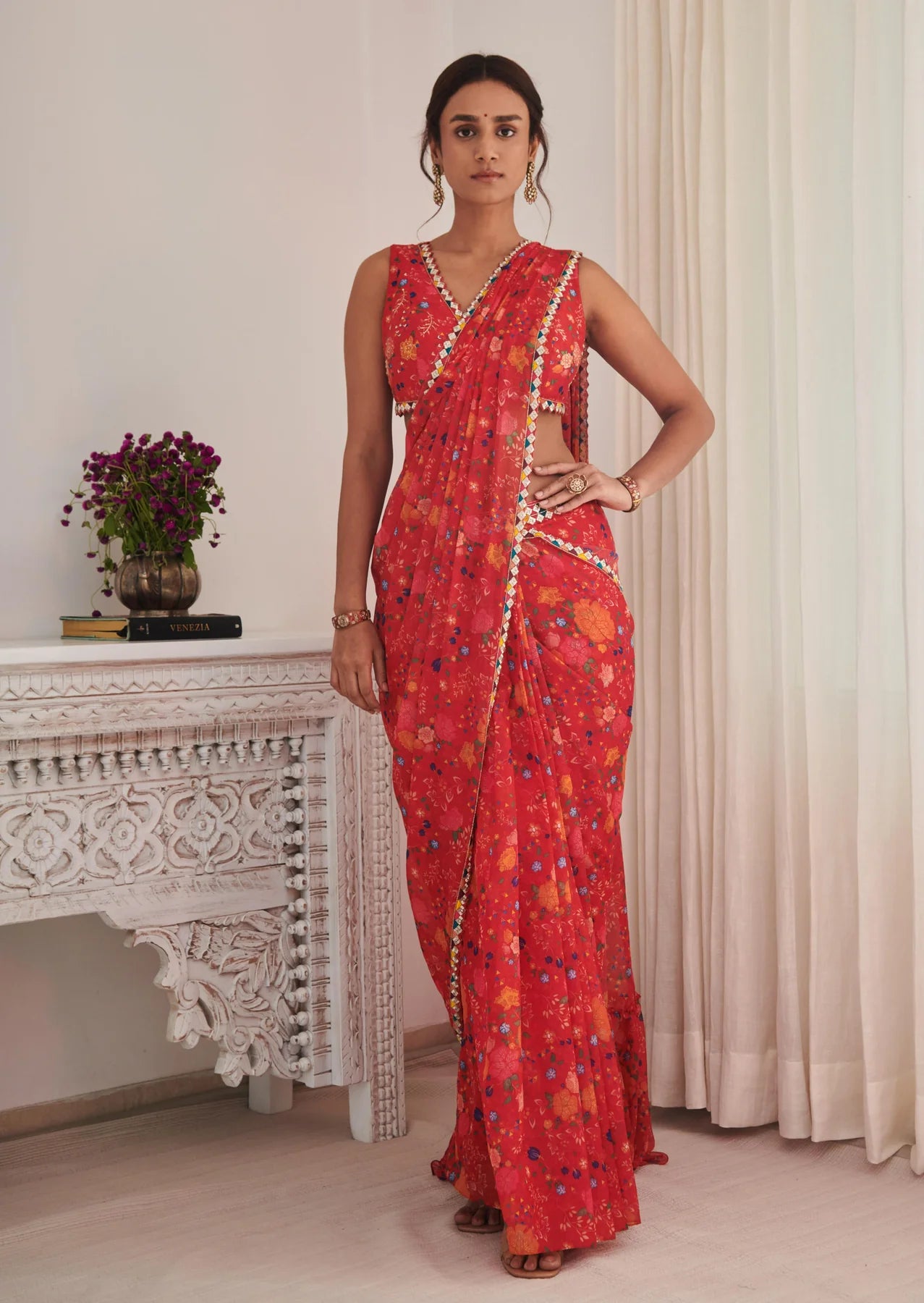 Red Payal PAYAL - Bright Red Floral Printed Pre-Stitched Saree - Lilly's Boutique ...