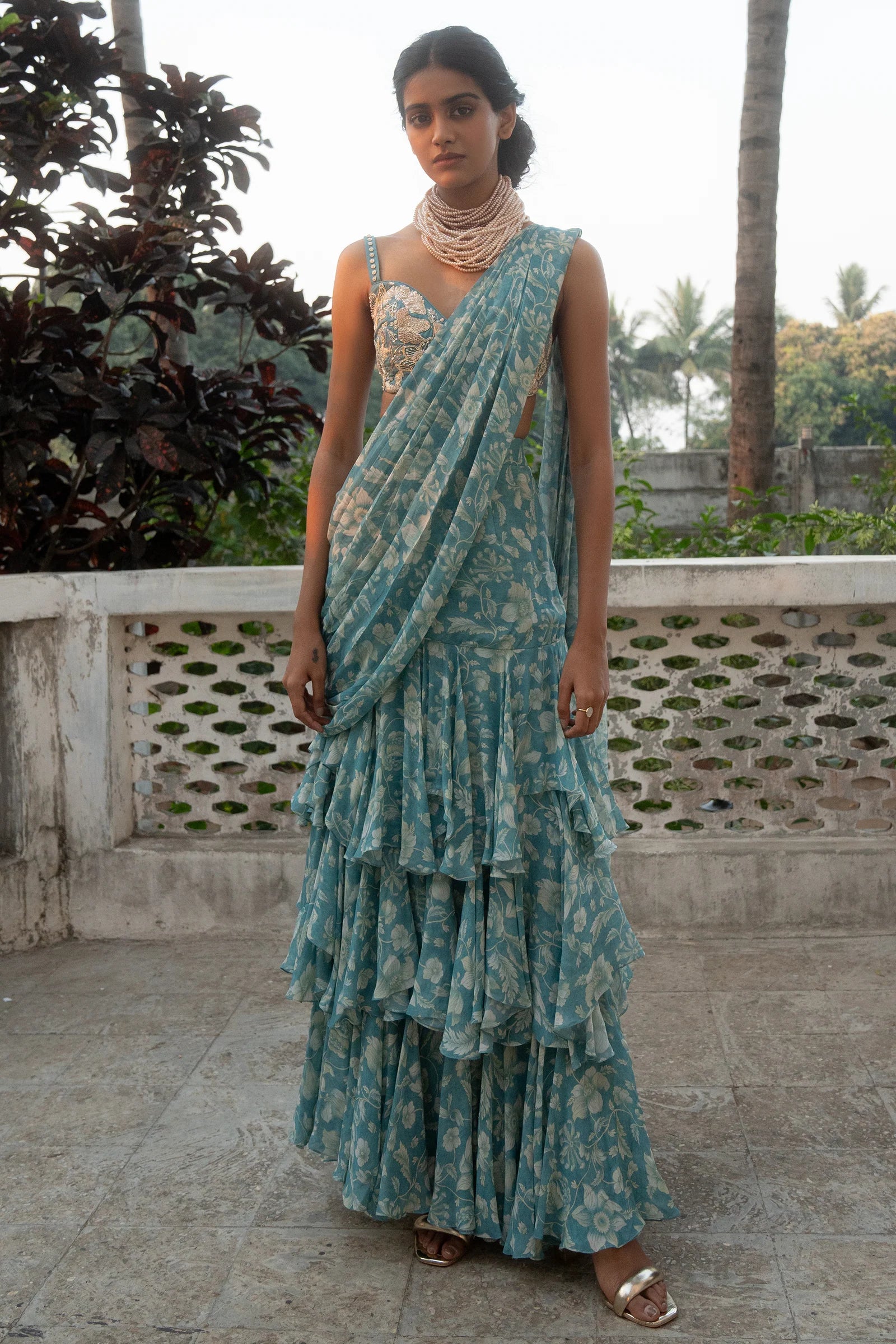 Paulmi and Harsh Ice Blue Vintage Floral Printed PreDraped Saree