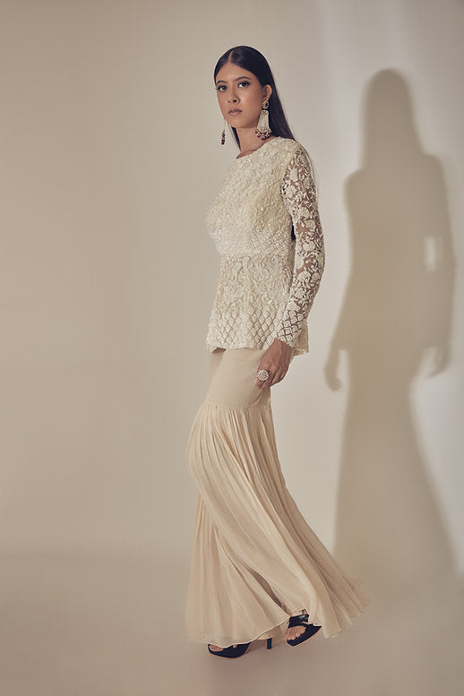 Prémya by Manishii Hand-Embroidered Ecru Peplum Jacket Lilly's