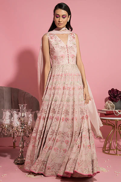 Sanya Gulati - Nude Pink Resham Embroidered Anarkali - Lilly's Boutique London Sanya Gulati - Nude Pink Resham Embroidered Anarkali - Lilly's Boutique London
