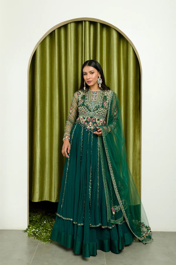 Sanya Gulati - Teal green front open long jacket and skirt set - Lilly's Boutique London Sanya Gulati - Teal green front open long jacket and skirt set - Lilly's Boutique London