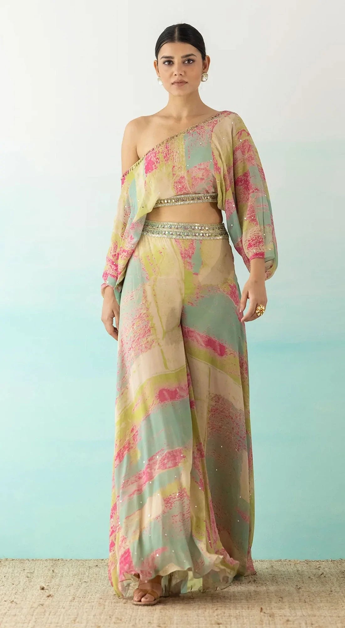 Multicolor One Shoulder Crop Top And Palazzo Set Lilly s Boutique London