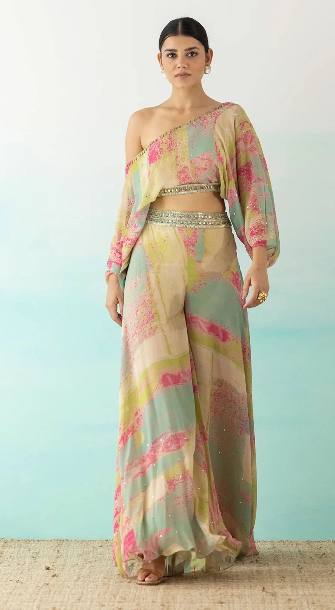 Multicolor One Shoulder Crop Top And Palazzo Set Lilly s Boutique London