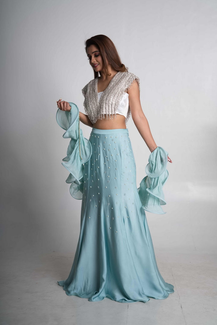 Off White And Black Net Fish Cut Lehenga Choli -