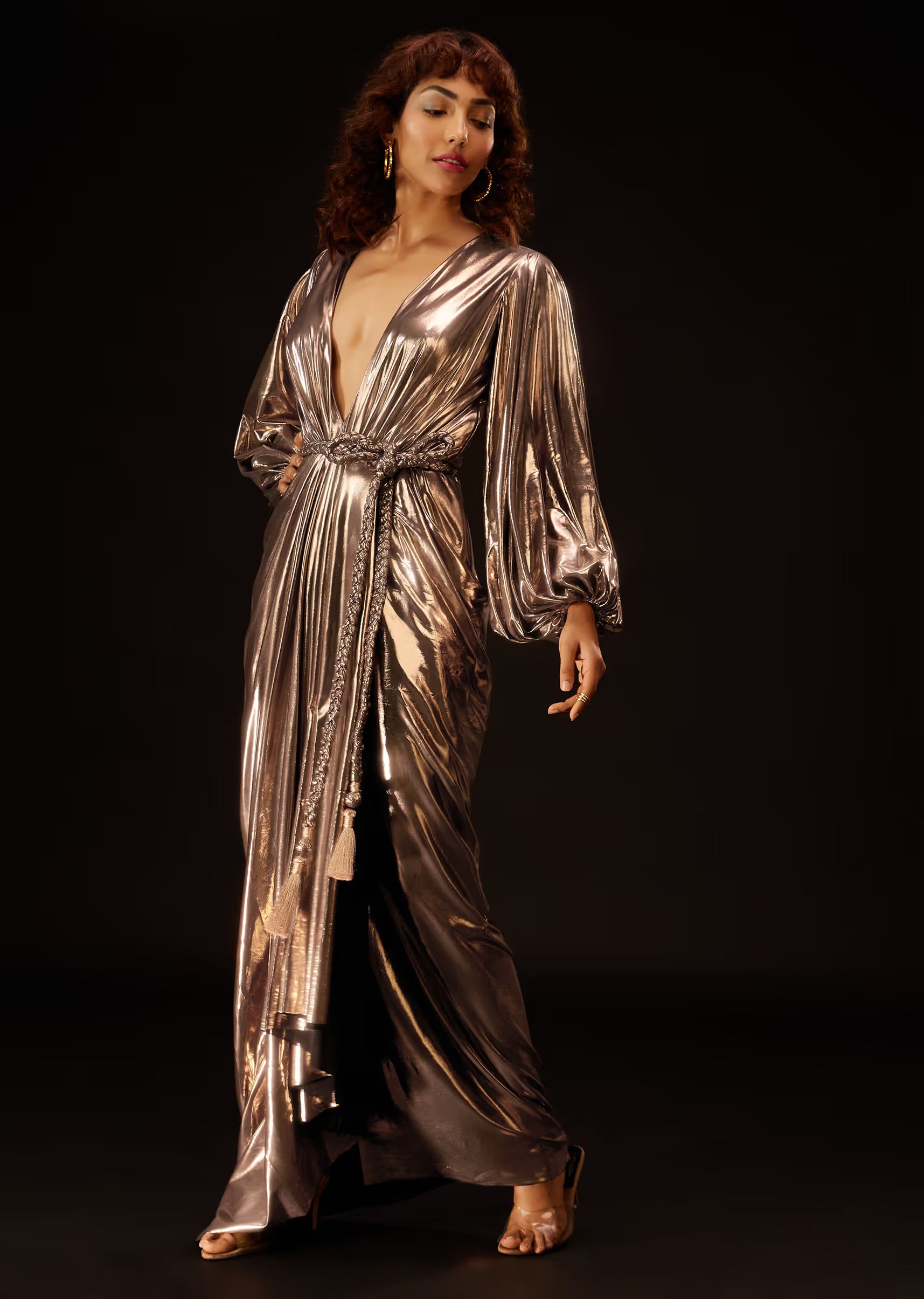 Copper Gold Dress In Lycra With A Braided Waistbelt - Lilly's Boutique London Copper Gold Dress In Lycra With A Braided Waistbelt - Lilly's Boutique London