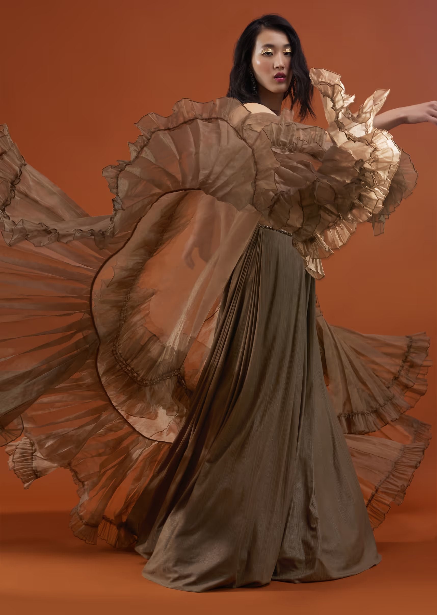Coffee Brown Festive Lycra Jumpsuit With Pleated Cowl Skirt And Organz Lilly s Boutique London