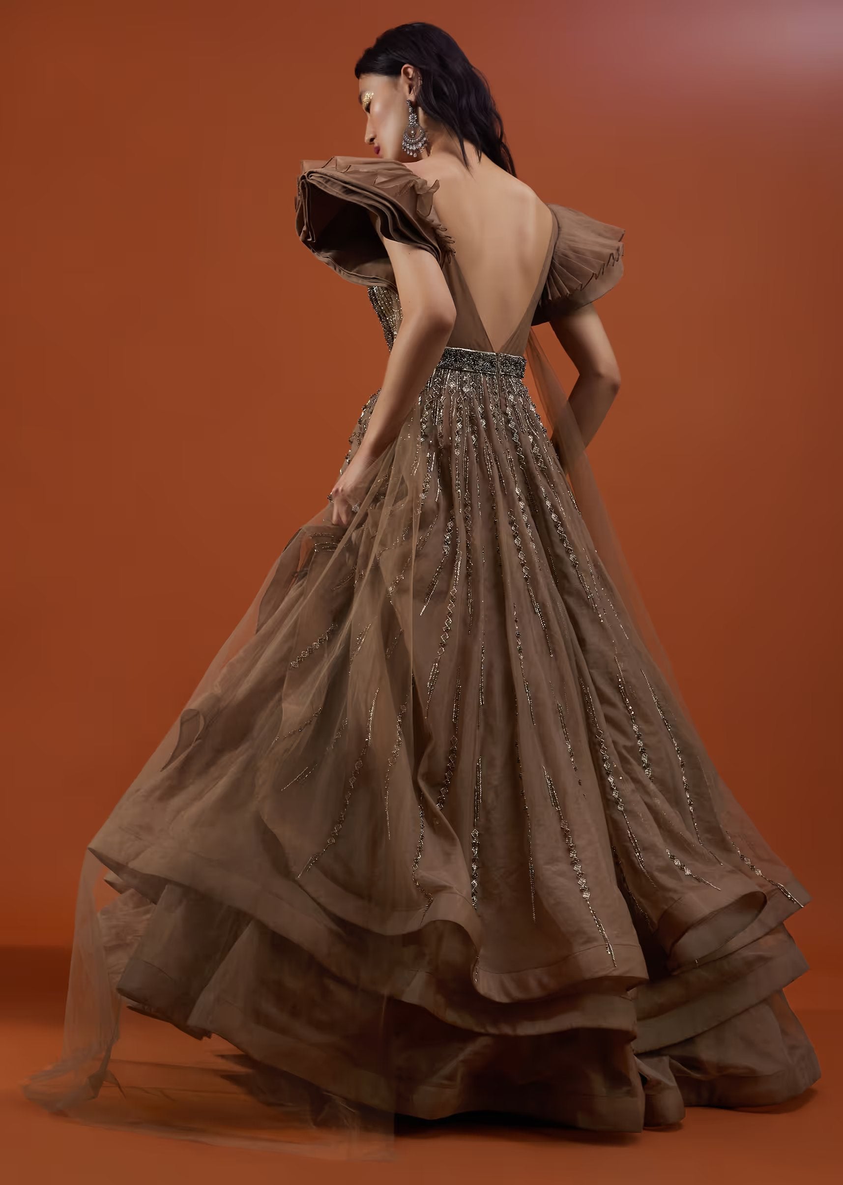 Coffee Brown Froufrou Organza Gown In With Frill Cap Sleeves