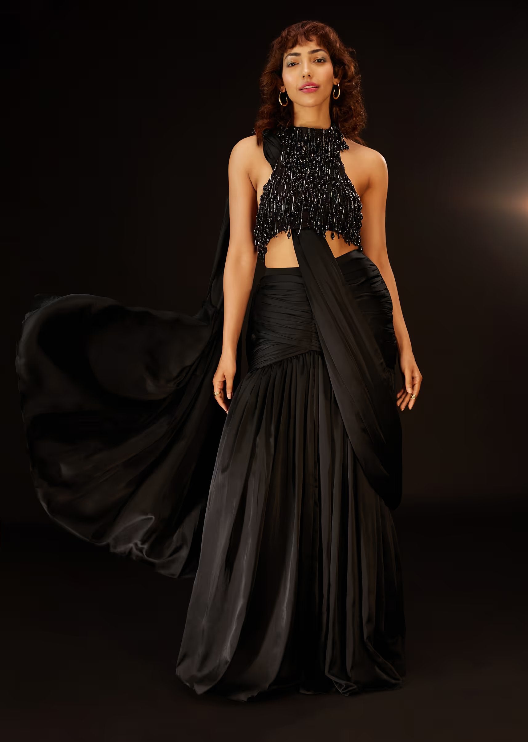 Phantom Black Pre Pleated Saree In Satin With An Embroidered Halter Blouse
